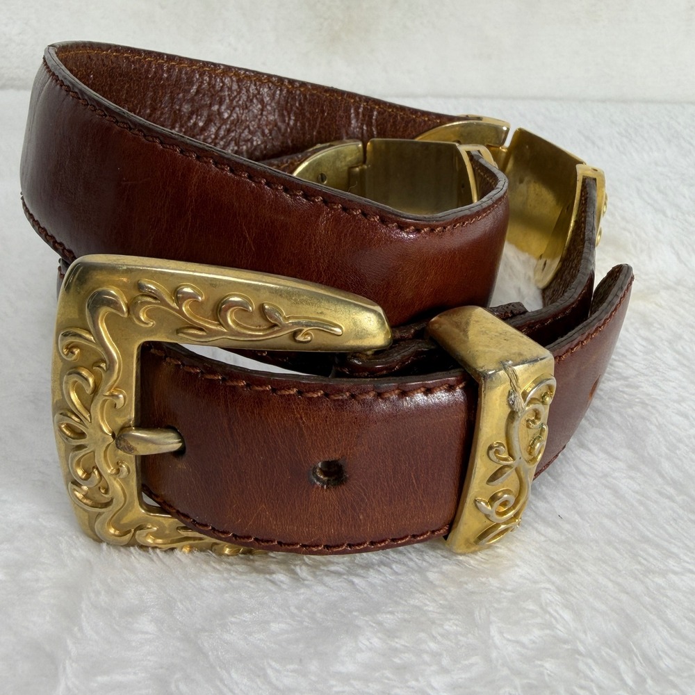 VTG Fossil Womens S Brown Leather Western Concho Belt Gold Tone Filigree Buckle